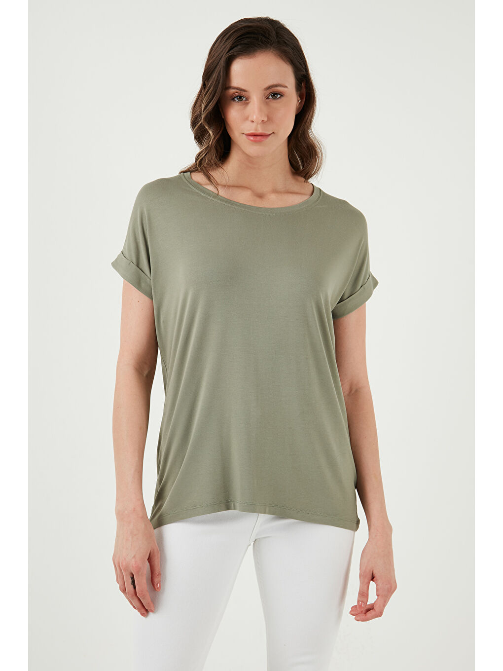 Haki Dökümlü Bisiklet Yaka Basic T Shirt 26Y0194K1