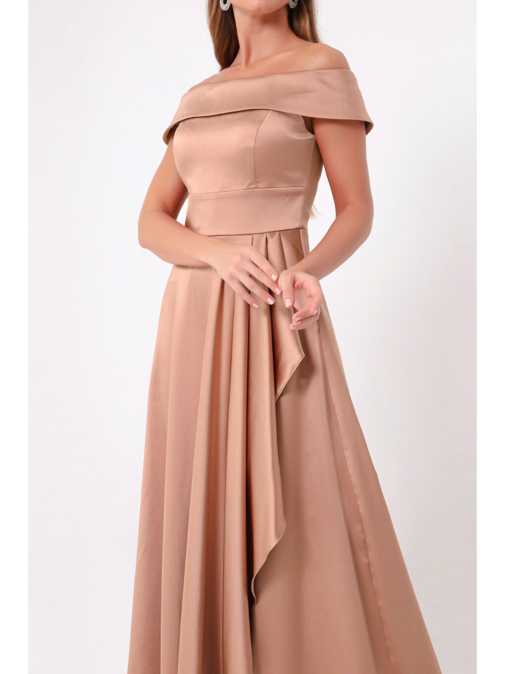 Pembe Kadın Pudra Kayık Yaka Saten Abiye & Mezuniyet Elbisesi-3