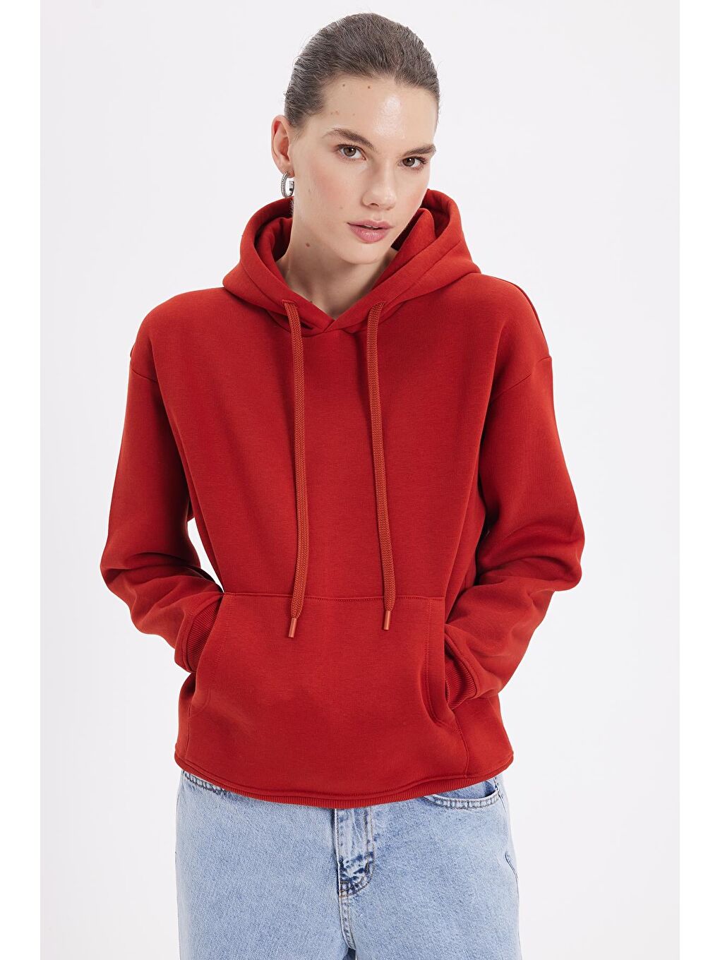 Kahverengi Kadın Oversize Geniş Kesim Pamuklu Yumuşak Dokulu İçi Polarlı Basic Kiremit Kapüşonlu Sweatshirt-4