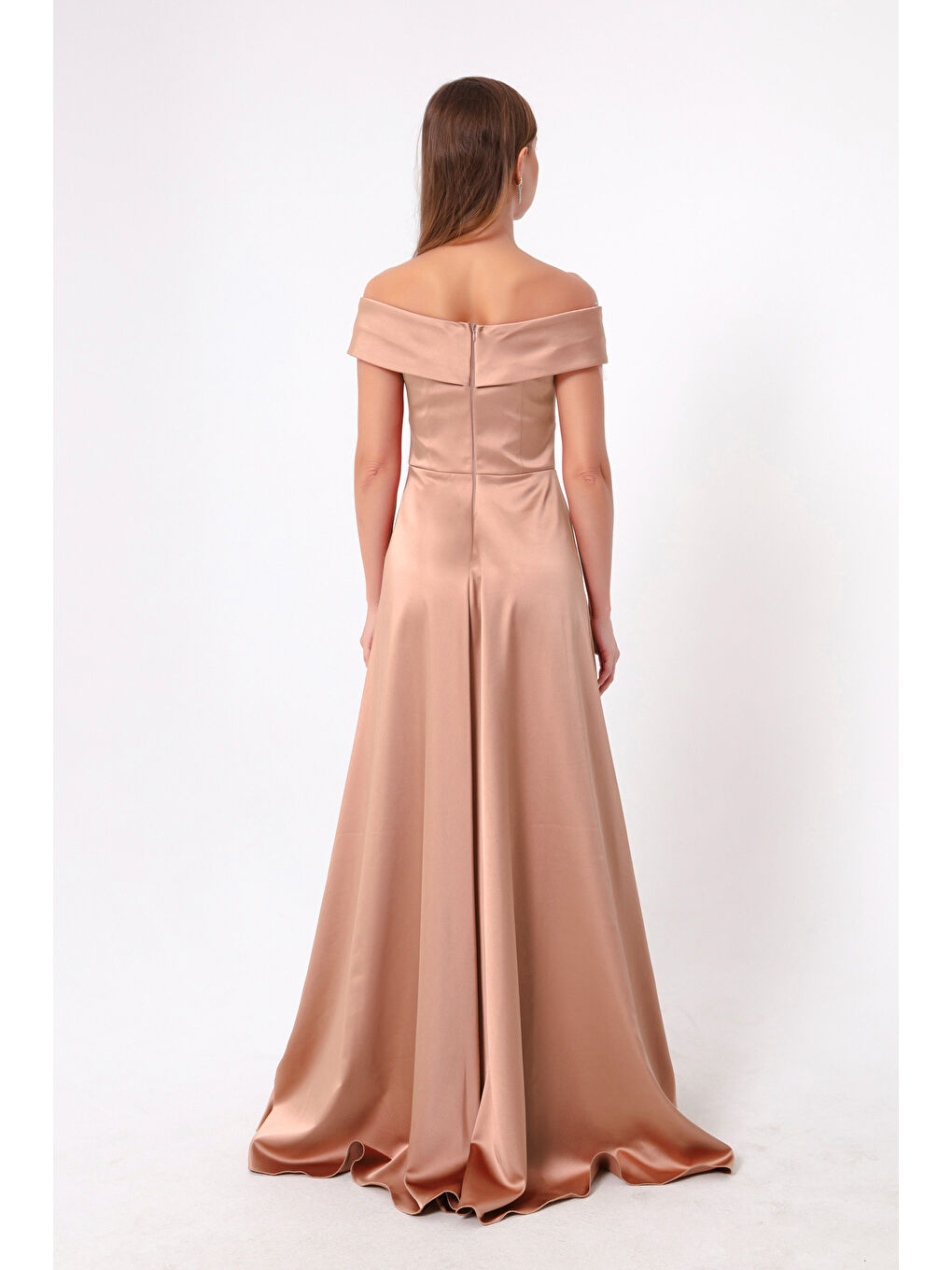 Pembe Kadın Pudra Kayık Yaka Saten Abiye & Mezuniyet Elbisesi-4