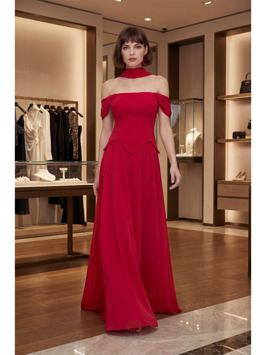 Kadın Kırmızı Dar Kalıp Şal Yaka Straplez Söz Nişan Abiye Elbise-3