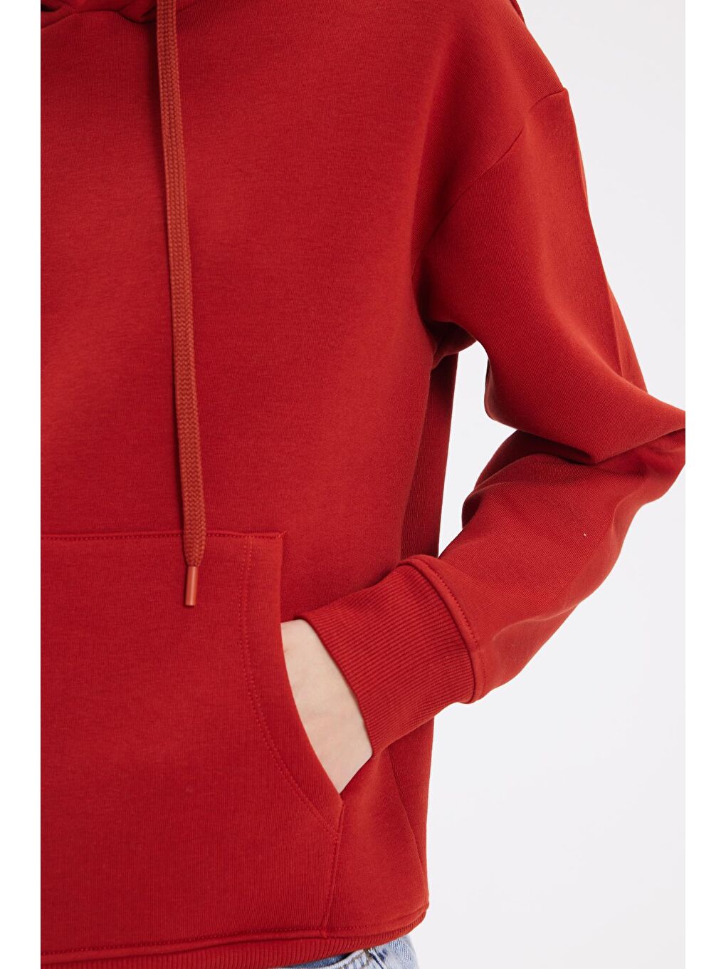 Kahverengi Kadın Oversize Geniş Kesim Pamuklu Yumuşak Dokulu İçi Polarlı Basic Kiremit Kapüşonlu Sweatshirt-5