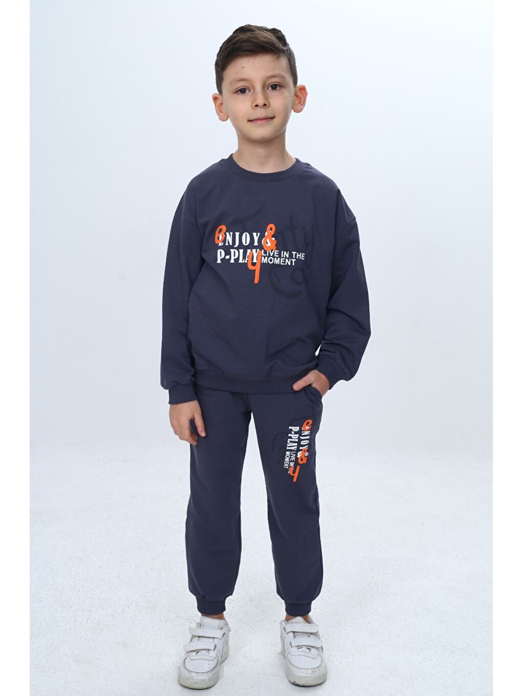 Gri Erkek Çocuk 2'li Takım Baskılı Bisiklet Yaka Kısa Kollu Sweatshirt & Beli Paçası Lastikli Cepli Jogg