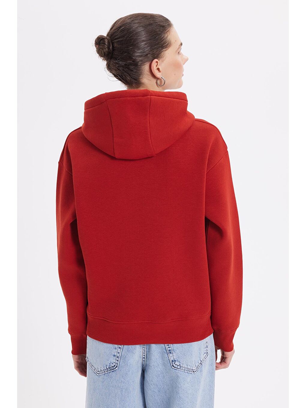 Kahverengi Kadın Oversize Geniş Kesim Pamuklu Yumuşak Dokulu İçi Polarlı Basic Kiremit Kapüşonlu Sweatshirt-6