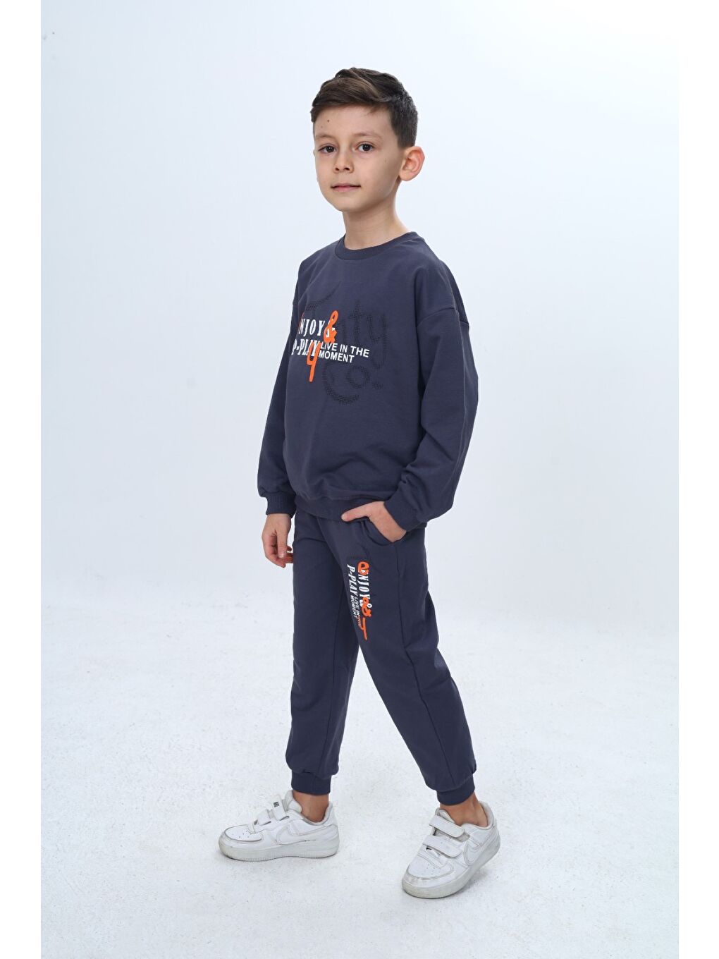 Gri Erkek Çocuk 2'li Takım Baskılı Bisiklet Yaka Kısa Kollu Sweatshirt & Beli Paçası Lastikli Cepli Jogg-1