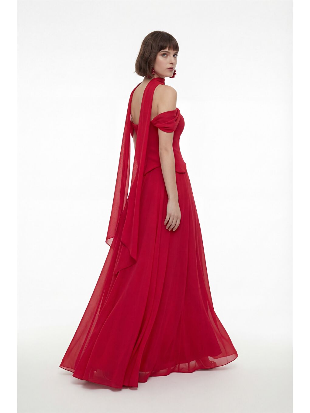 Kadın Kırmızı Dar Kalıp Şal Yaka Straplez Söz Nişan Abiye Elbise-4