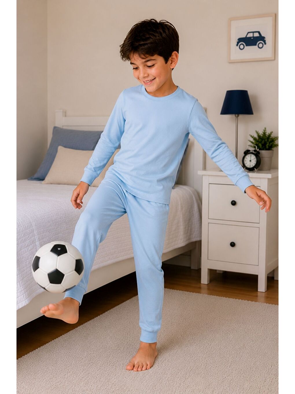 Soft Mavi %100 Pamuk Basic Erkek Çocuk Pijama Takımı-4