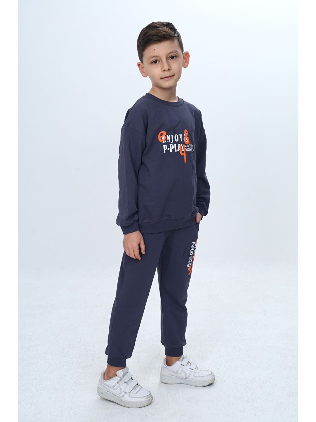 Gri Erkek Çocuk 2'li Takım Baskılı Bisiklet Yaka Kısa Kollu Sweatshirt & Beli Paçası Lastikli Cepli Jogg-2