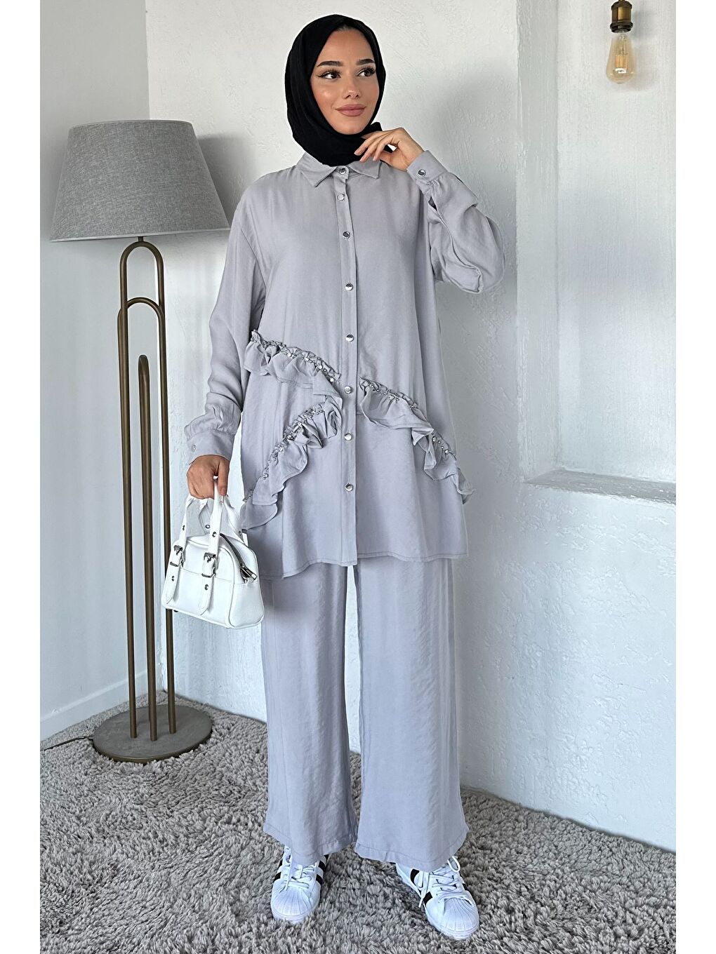 Gri Taş İşlemeli Tunik Pantolon Tesettür İkili Takım