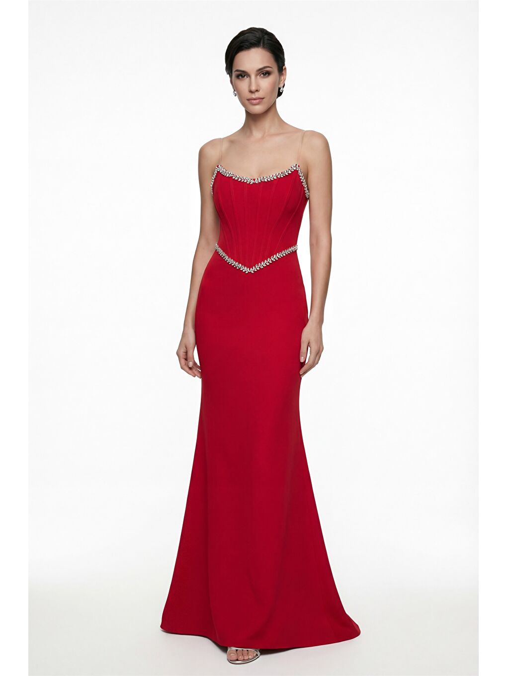 Kadın Kırmızı Dar Kalıp Straplez Taşlı Peplum Kesim Söz Nişan Nikah Abiye