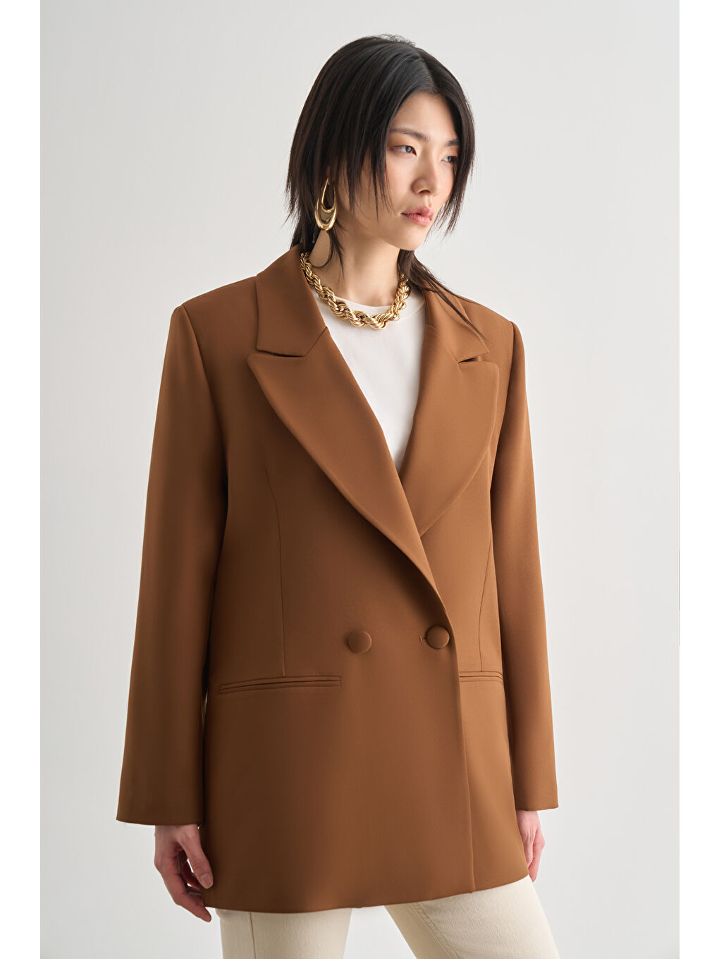 Oversize Çift Yırtmaçlı Kahverengi Blazer Ceket-1