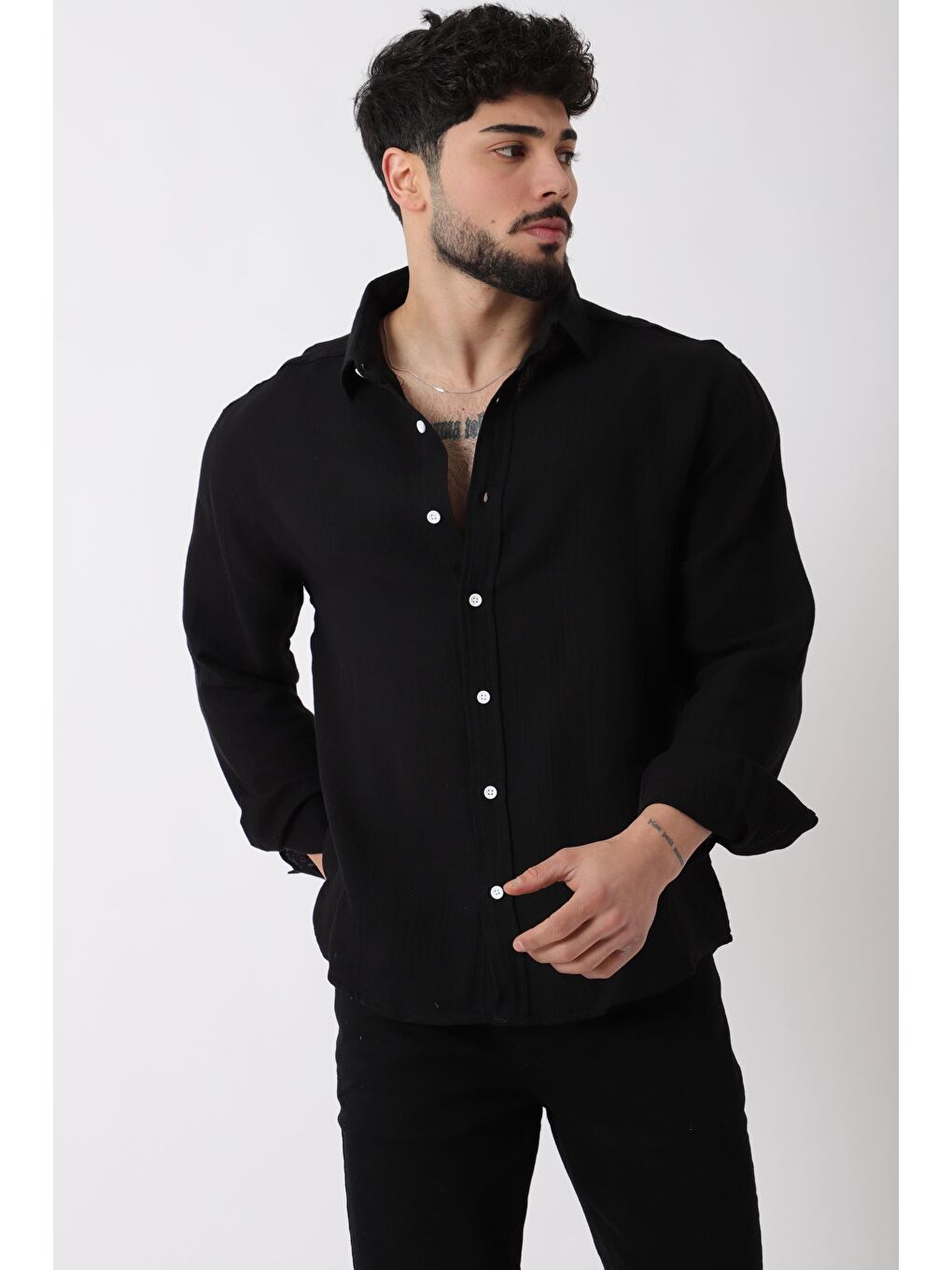Siyah Uzun Kol Keten %100 Pamuk Gömlek BLD 7040_40368