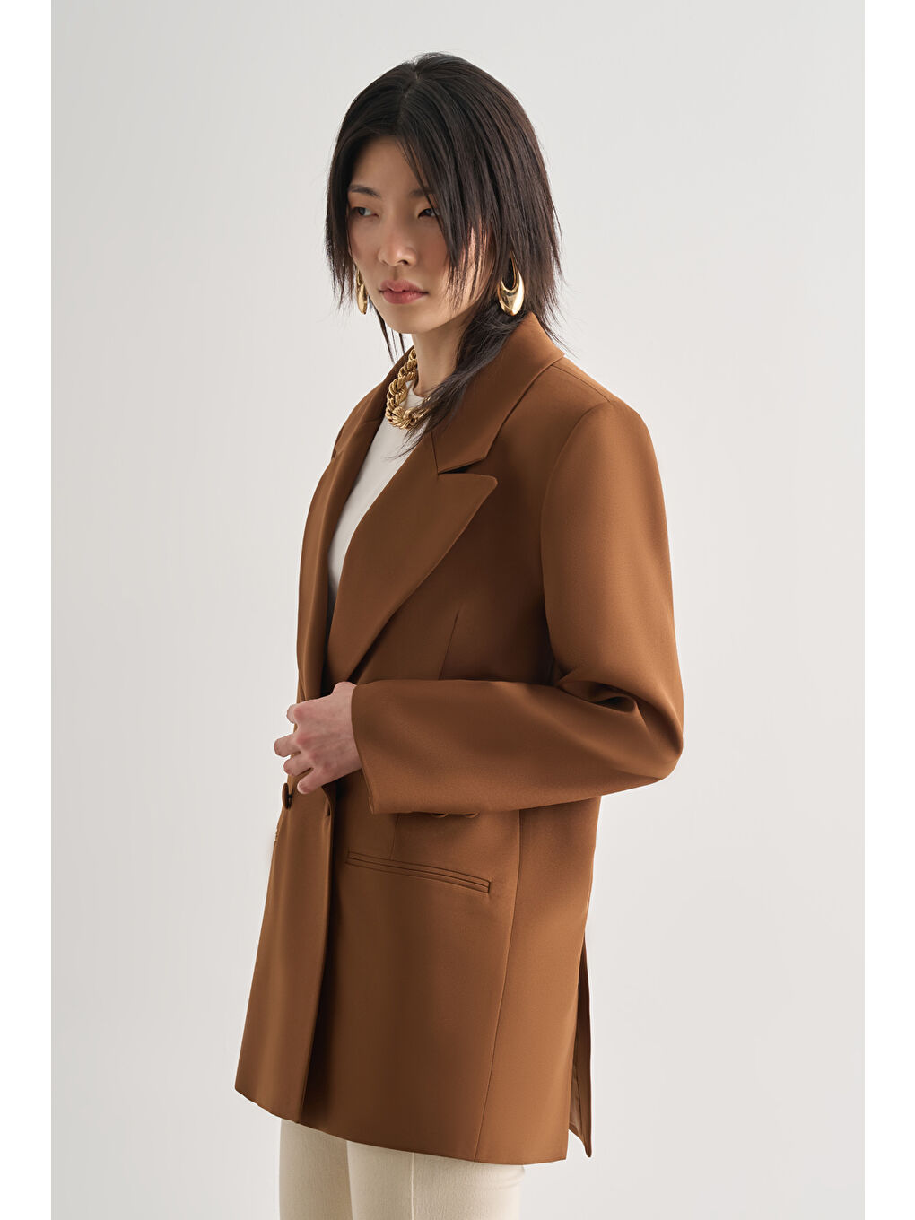 Oversize Çift Yırtmaçlı Kahverengi Blazer Ceket-2