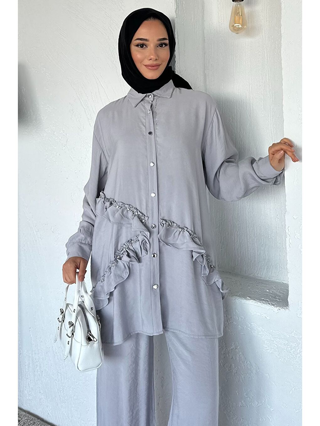 Gri Taş İşlemeli Tunik Pantolon Tesettür İkili Takım-2