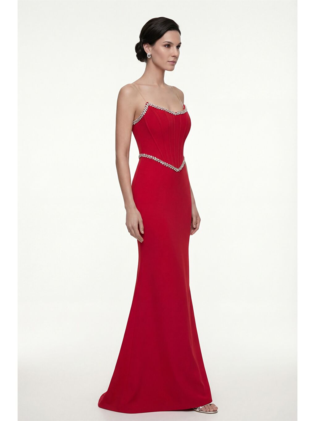 Kadın Kırmızı Dar Kalıp Straplez Taşlı Peplum Kesim Söz Nişan Nikah Abiye-1