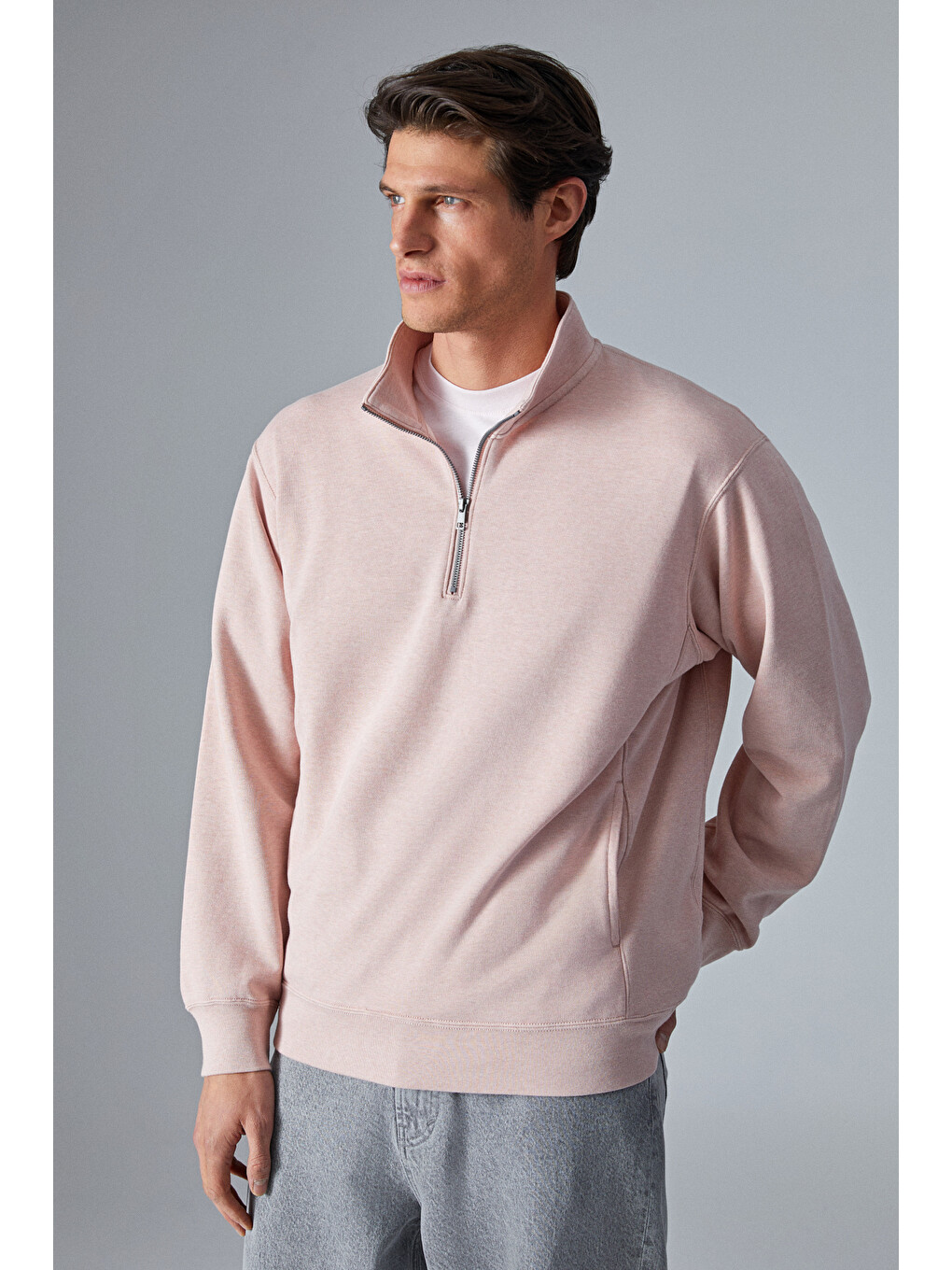 Nestor Erkek Relaxed Fit Dik Yakalı Yarım Fermuarlı Uzun Kollu Pembe Sweatshirt-2