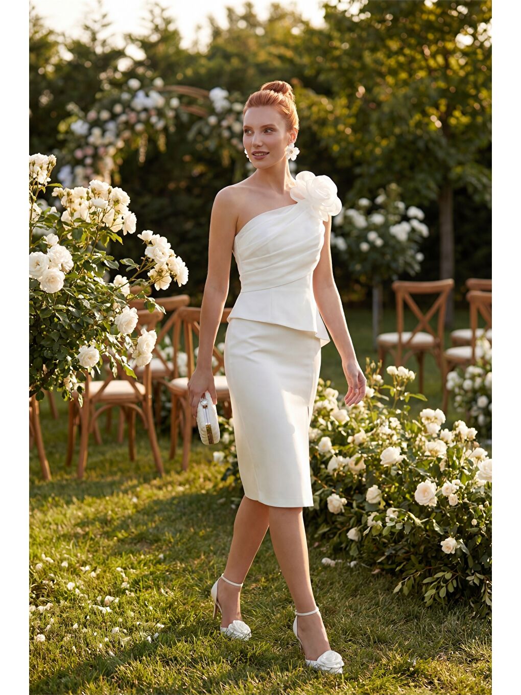 Kadın Beyaz Çiçek Detaylı Midi Söz Nişan Nikah Abiye Elbise-4