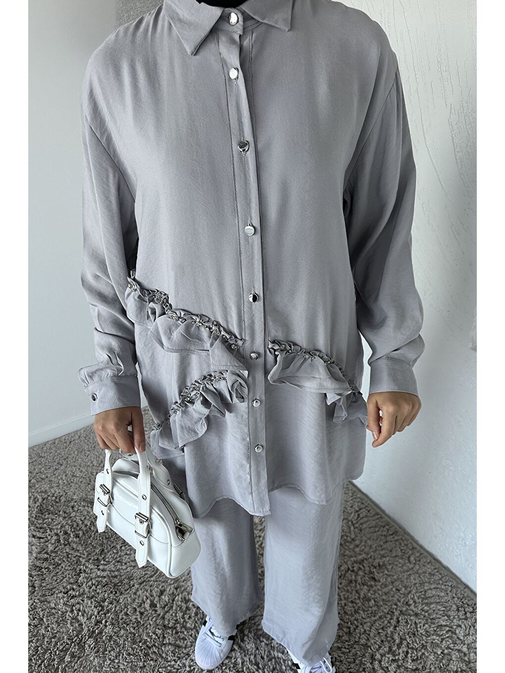 Gri Taş İşlemeli Tunik Pantolon Tesettür İkili Takım-4