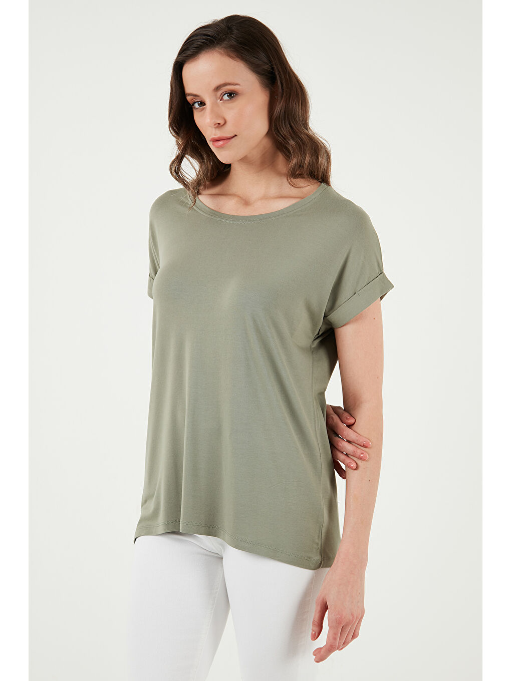 Haki Dökümlü Bisiklet Yaka Basic T Shirt 26Y0194K1-1