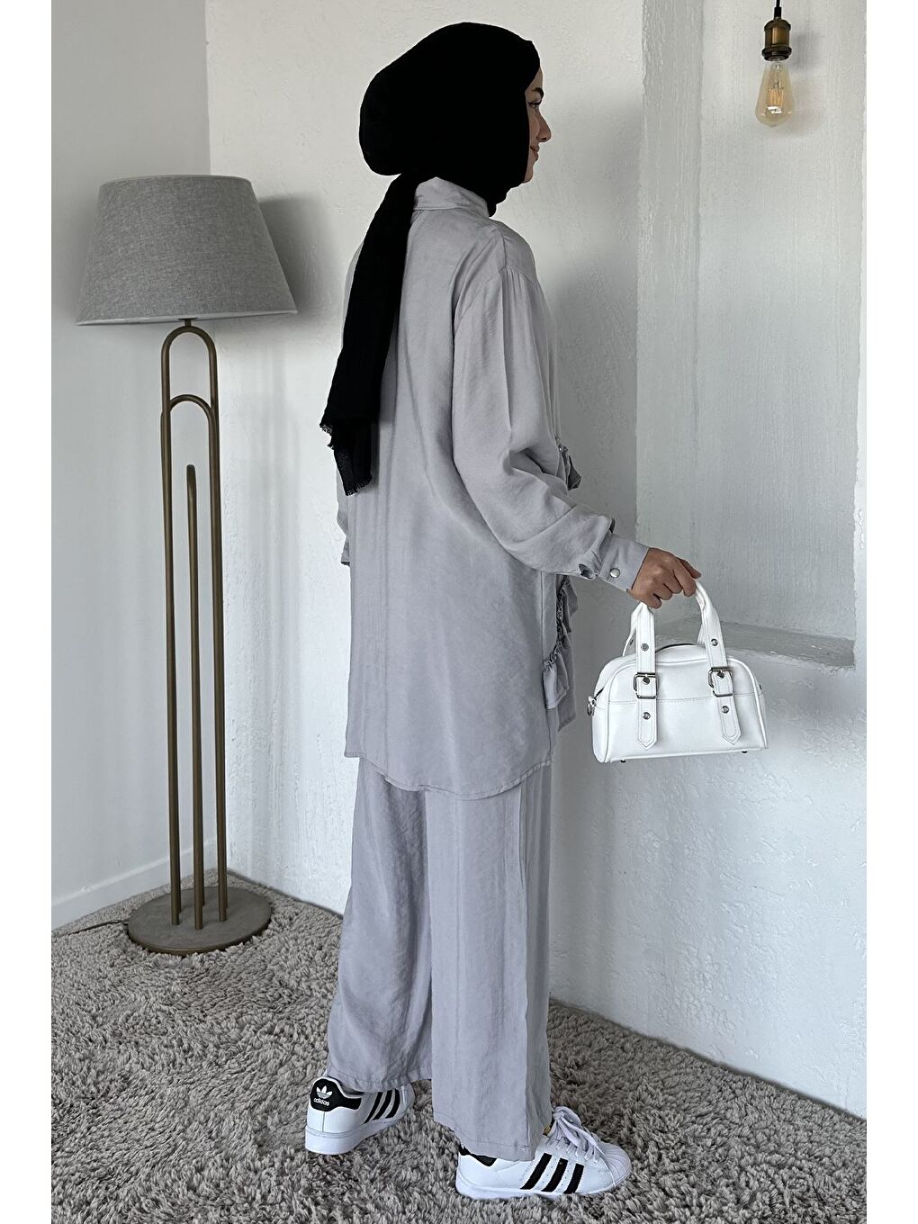 Gri Taş İşlemeli Tunik Pantolon Tesettür İkili Takım-6