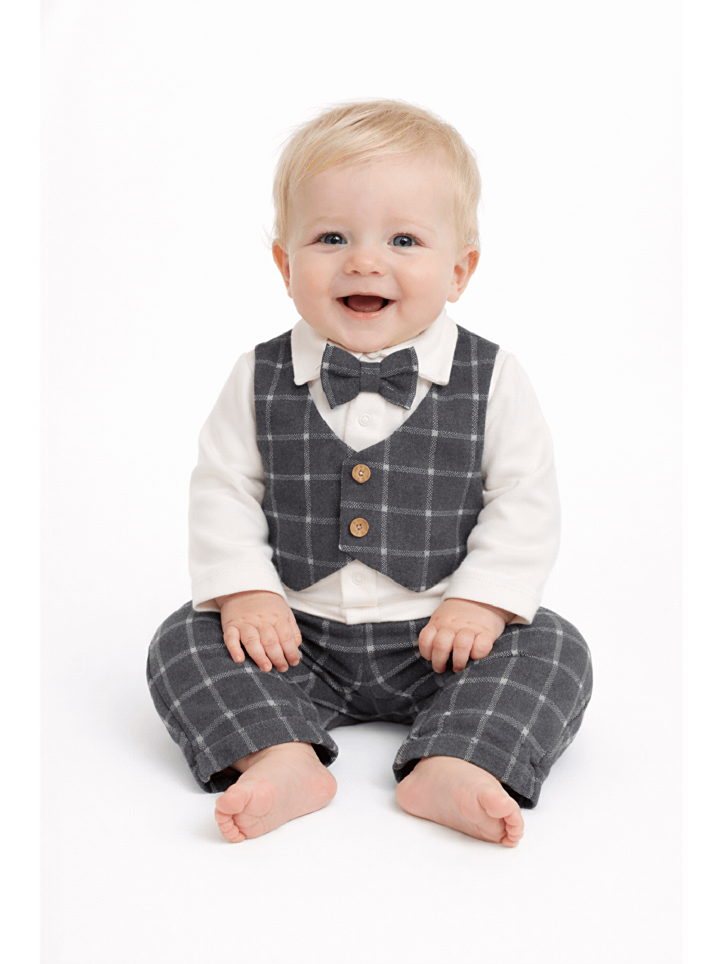 Gri Erkek Bebek Papyonlu 3lü Takım Alt-Üst Bayramlık Özel Takımı Pamuklu-1