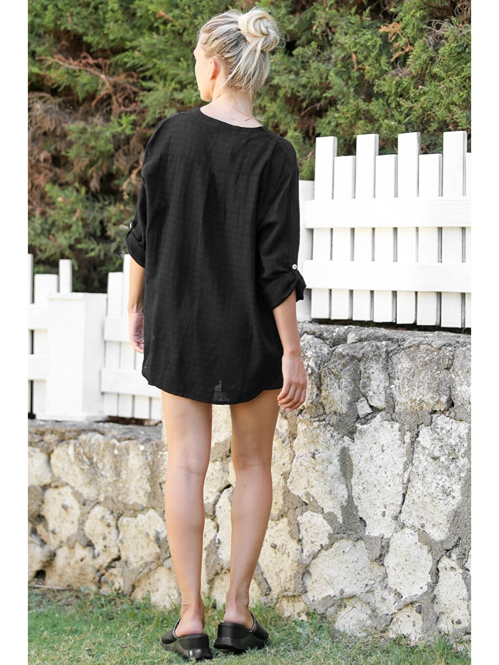 Siyah Hakim Yaka Düğmeli Uzun Kollu Cepli Pamuklu Dokuma Casual Bluz-7