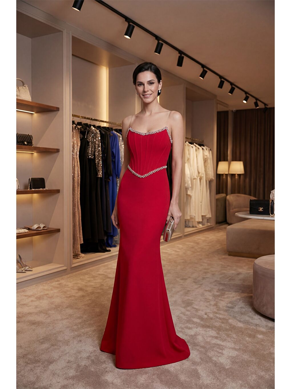 Kadın Kırmızı Dar Kalıp Straplez Taşlı Peplum Kesim Söz Nişan Nikah Abiye-3