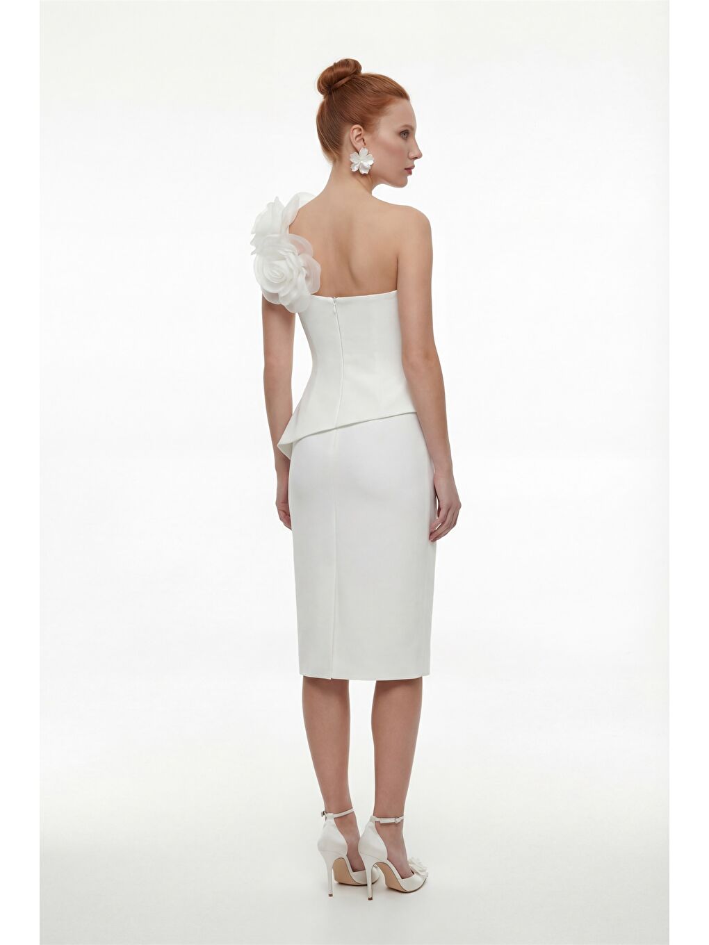 Kadın Beyaz Çiçek Detaylı Midi Söz Nişan Nikah Abiye Elbise-5