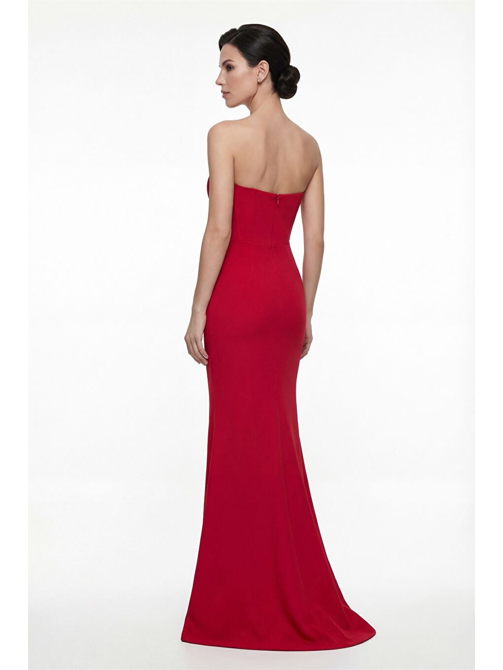 Kadın Kırmızı Dar Kalıp Straplez Taşlı Peplum Kesim Söz Nişan Nikah Abiye-4