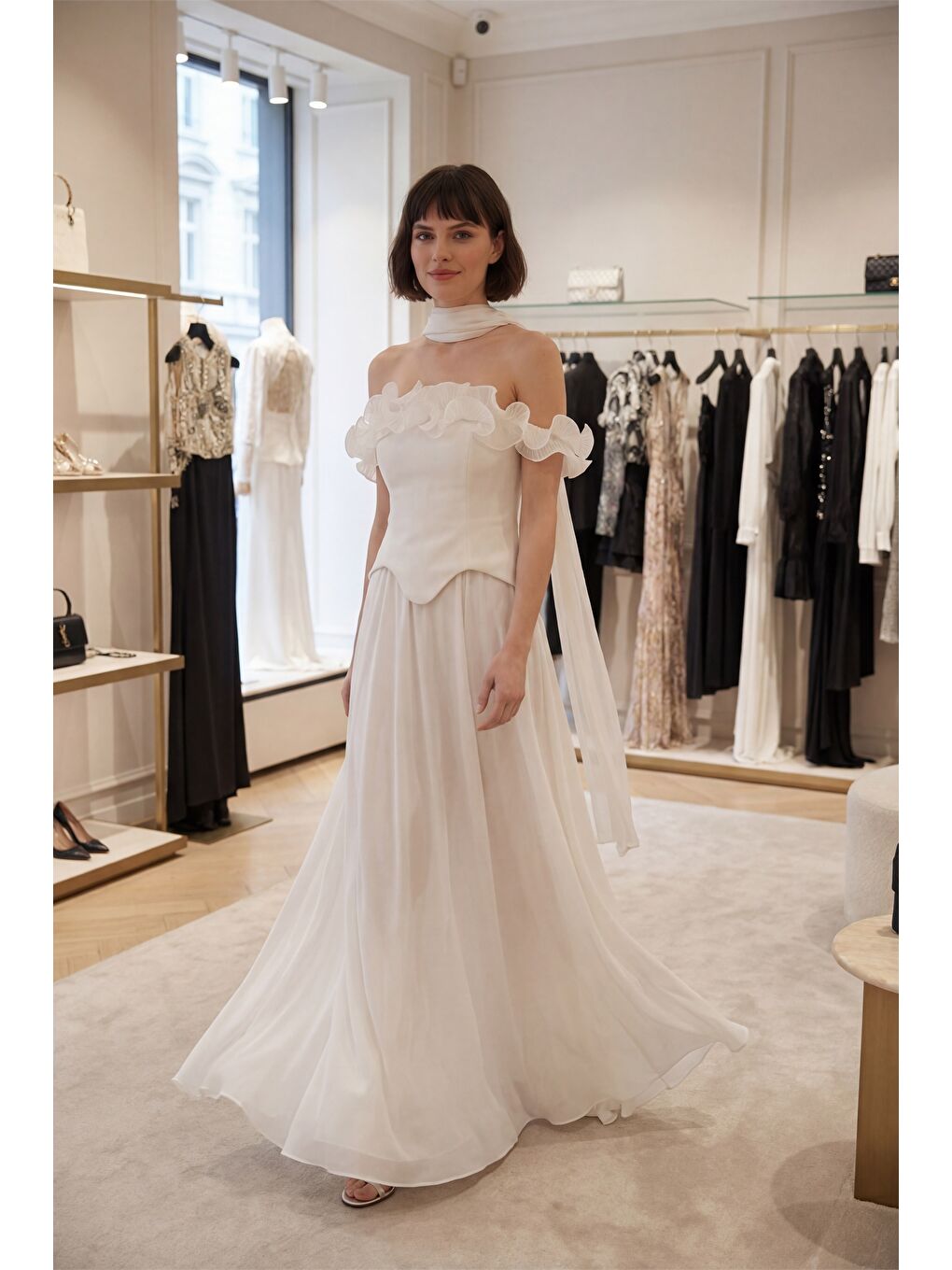 Kadın Beyaz Fırfır Detaylı Uzun Söz Nişan Nikah Abiye Elbise-4