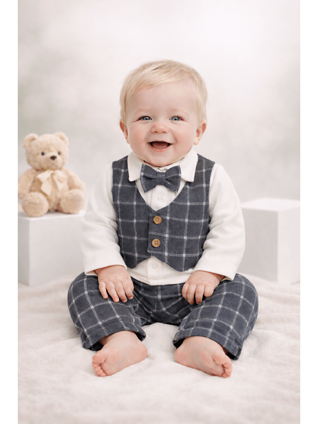Gri Erkek Bebek Papyonlu 3lü Takım Alt-Üst Bayramlık Özel Takımı Pamuklu-3