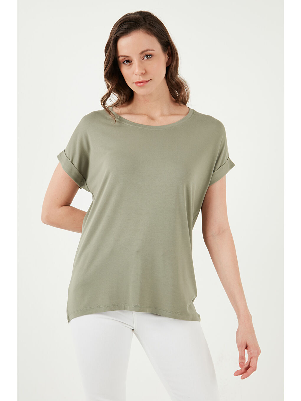 Haki Dökümlü Bisiklet Yaka Basic T Shirt 26Y0194K1-2