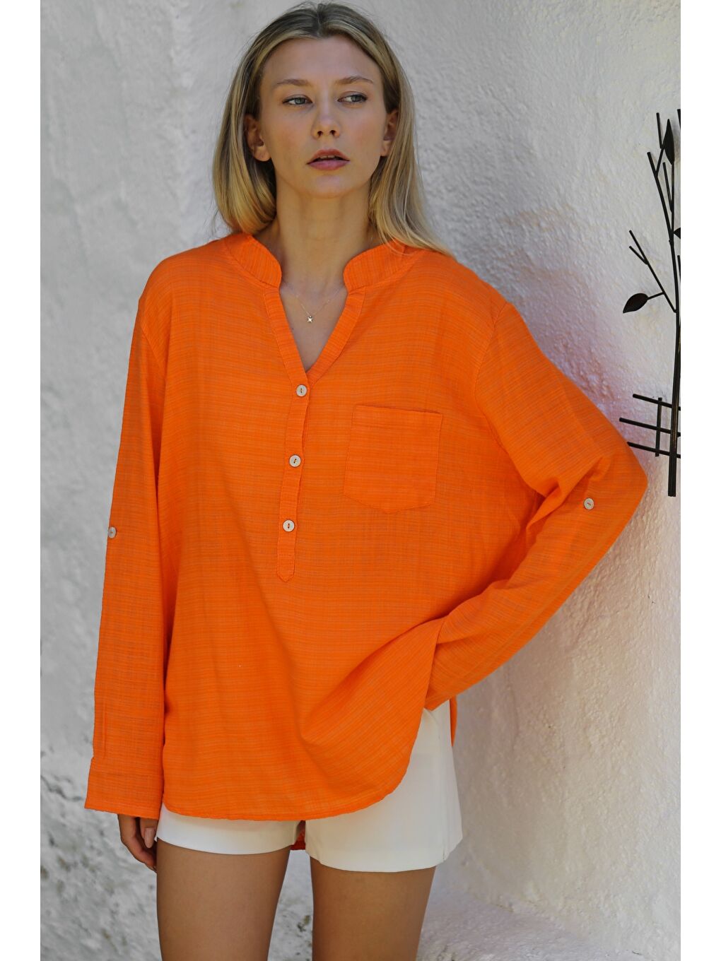 Turuncu Hakim Yaka Düğmeli Uzun Kollu Cepli Pamuklu Dokuma Casual Bluz-1