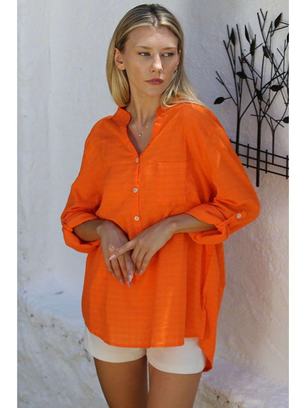 Turuncu Hakim Yaka Düğmeli Uzun Kollu Cepli Pamuklu Dokuma Casual Bluz-2