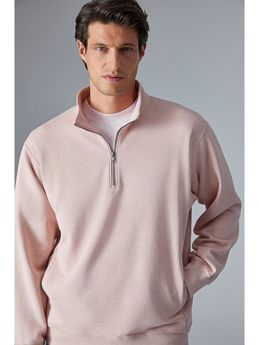 Nestor Erkek Relaxed Fit Dik Yakalı Yarım Fermuarlı Uzun Kollu Pembe Sweatshirt-3