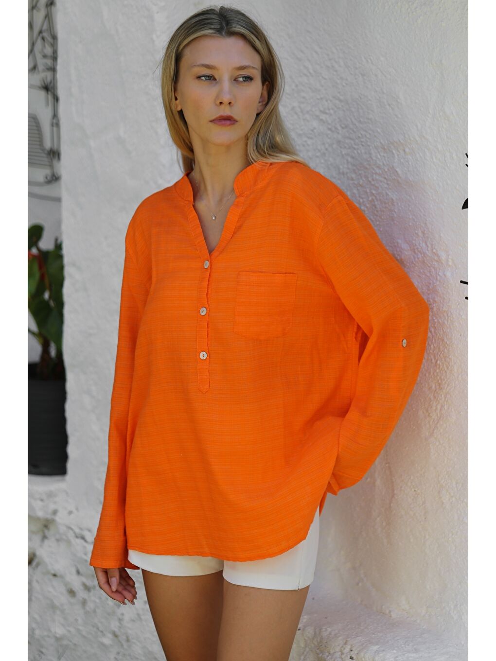 Turuncu Hakim Yaka Düğmeli Uzun Kollu Cepli Pamuklu Dokuma Casual Bluz-3