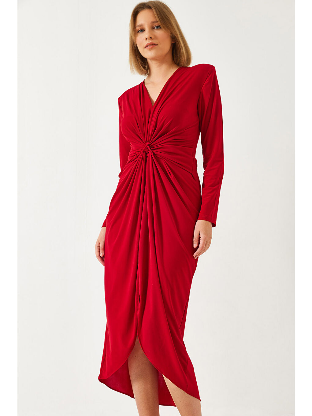 Kırmızı Kadın V Yaka Önü Büzgülü Candy Kumaş Elbise