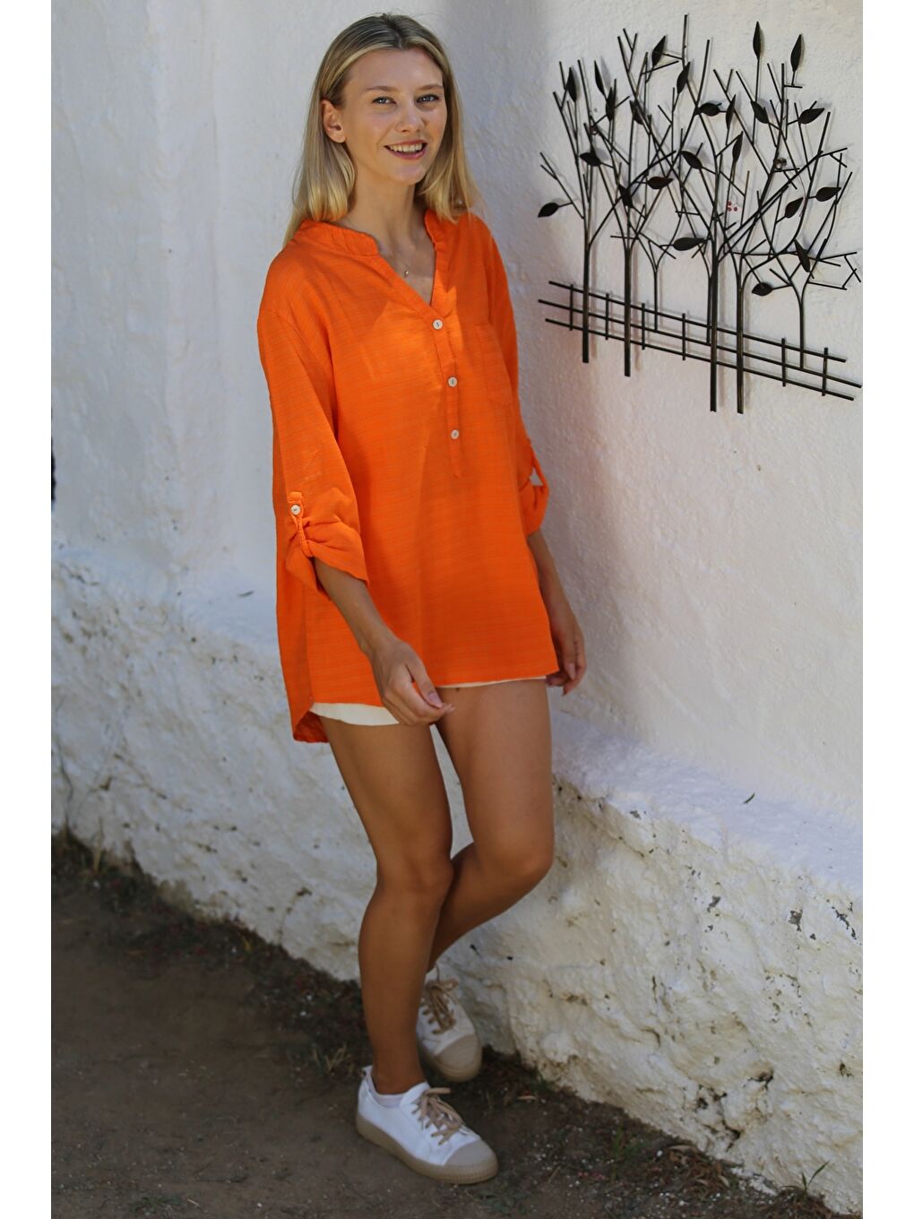 Turuncu Hakim Yaka Düğmeli Uzun Kollu Cepli Pamuklu Dokuma Casual Bluz-5