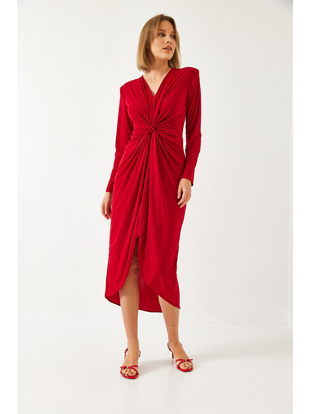 Kırmızı Kadın V Yaka Önü Büzgülü Candy Kumaş Elbise-1