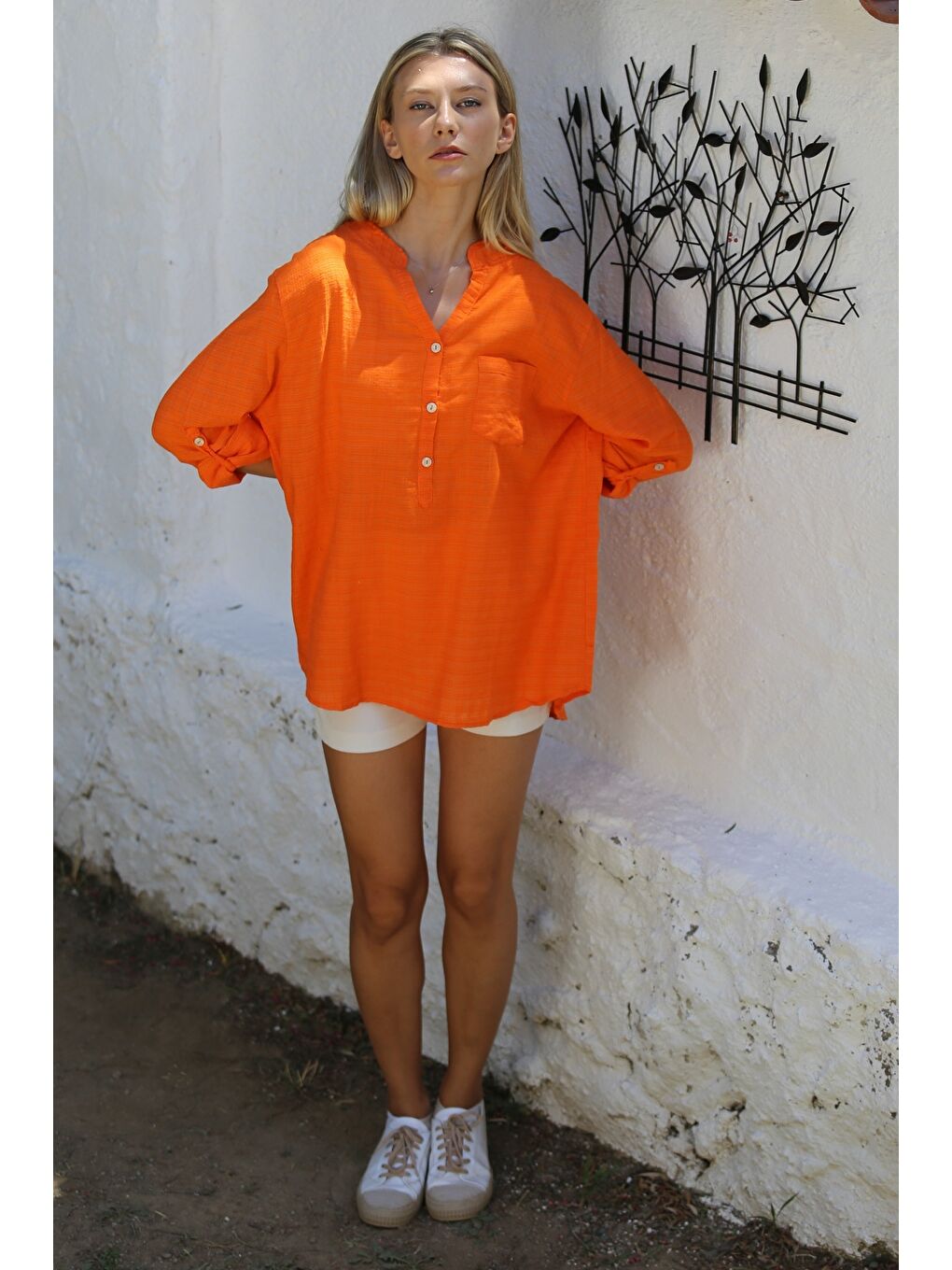 Turuncu Hakim Yaka Düğmeli Uzun Kollu Cepli Pamuklu Dokuma Casual Bluz-6