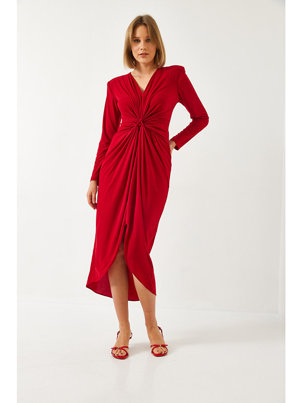 Kırmızı Kadın V Yaka Önü Büzgülü Candy Kumaş Elbise-2