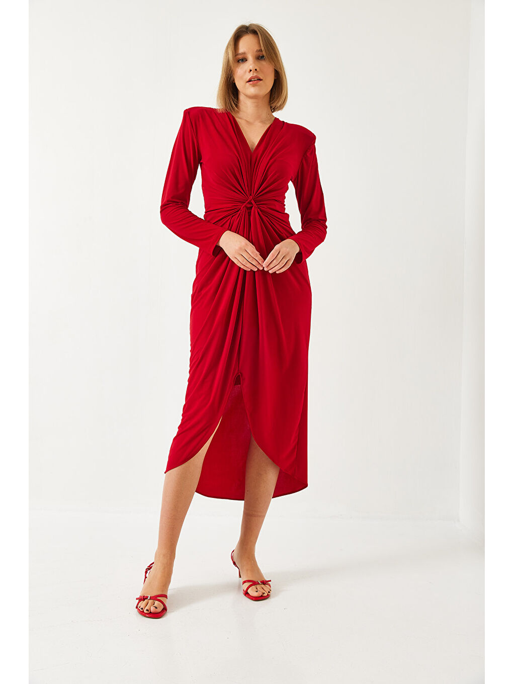 Kırmızı Kadın V Yaka Önü Büzgülü Candy Kumaş Elbise-3