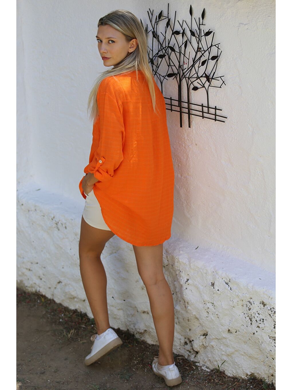 Turuncu Hakim Yaka Düğmeli Uzun Kollu Cepli Pamuklu Dokuma Casual Bluz-7