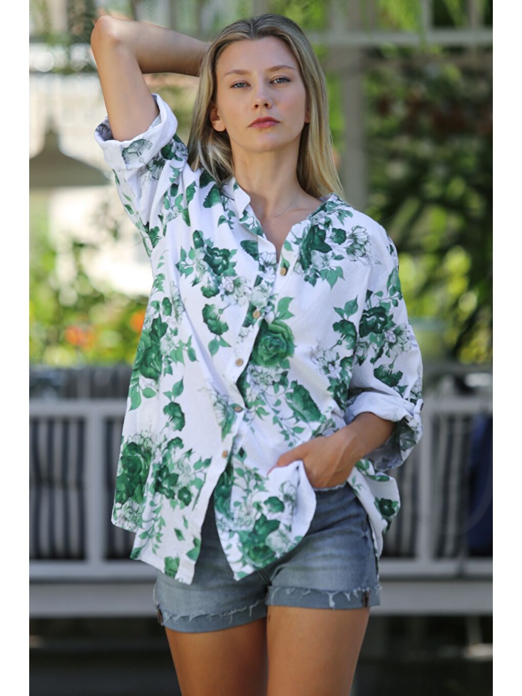 İtalyan Beyaz-Yeşil Hakim Yaka Düğmeli Uzun Kollu Çiçekli Dokuma Casual Keten Gömlek-3