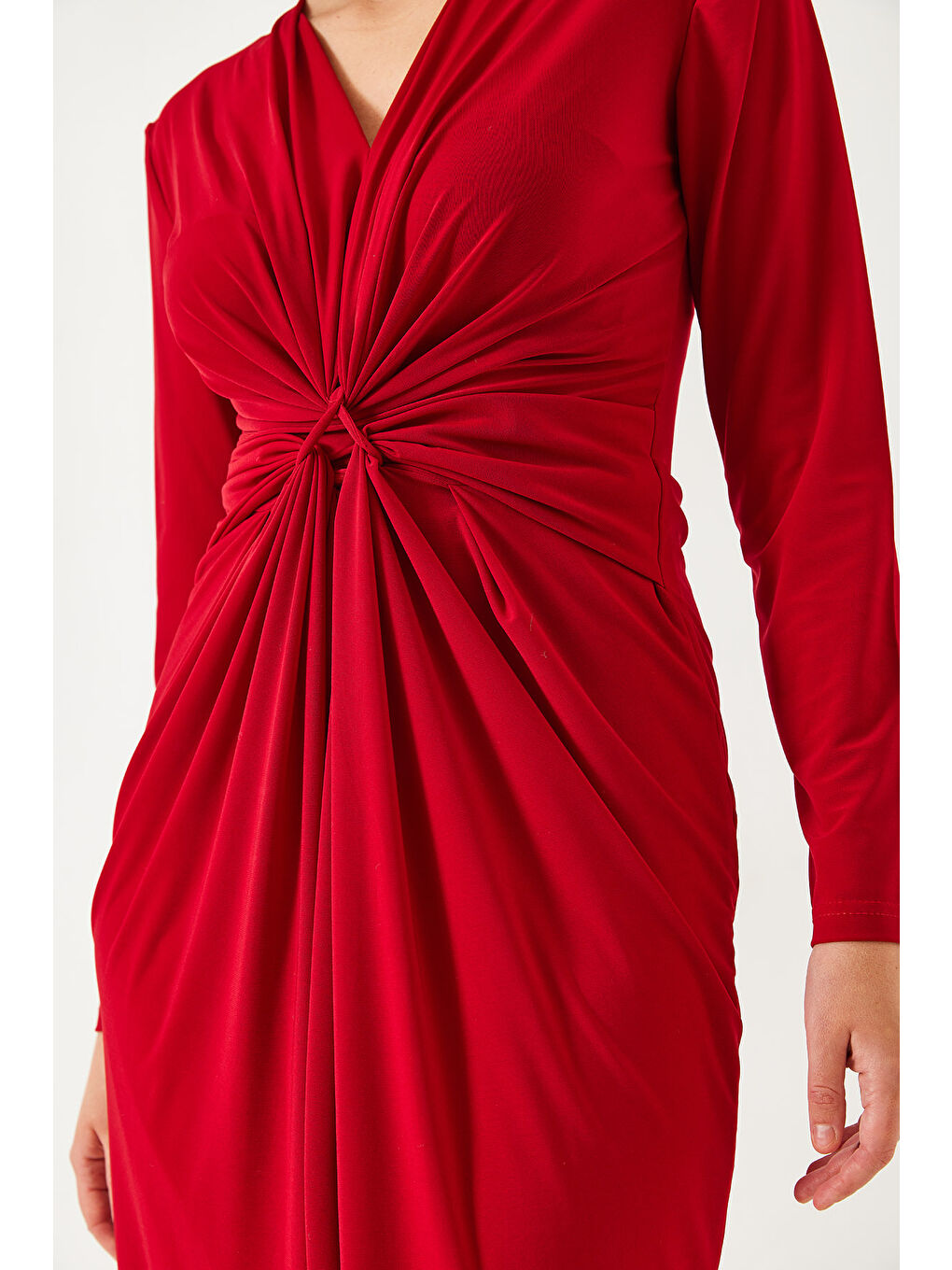 Kırmızı Kadın V Yaka Önü Büzgülü Candy Kumaş Elbise-4