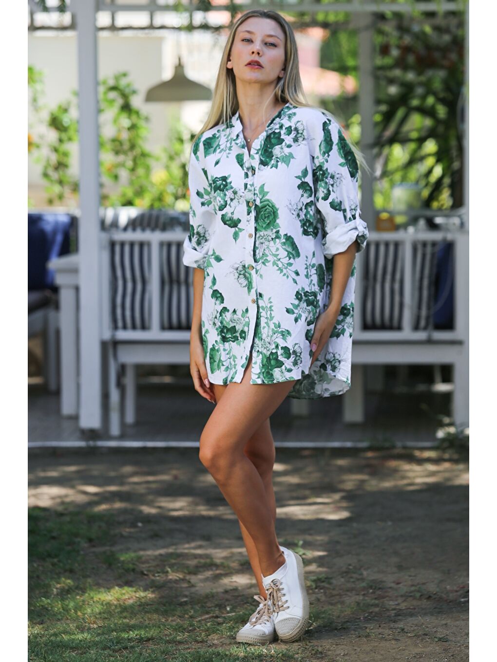 İtalyan Beyaz-Yeşil Hakim Yaka Düğmeli Uzun Kollu Çiçekli Dokuma Casual Keten Gömlek-6