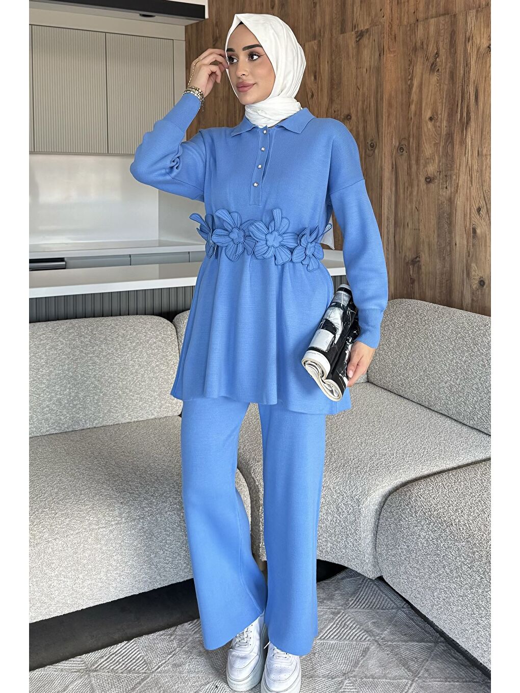 İndigo Papatya Aplikeli Tunik Pantolon Triko Tesettür İkili Takım (s,m,l,xl Uyumludur)