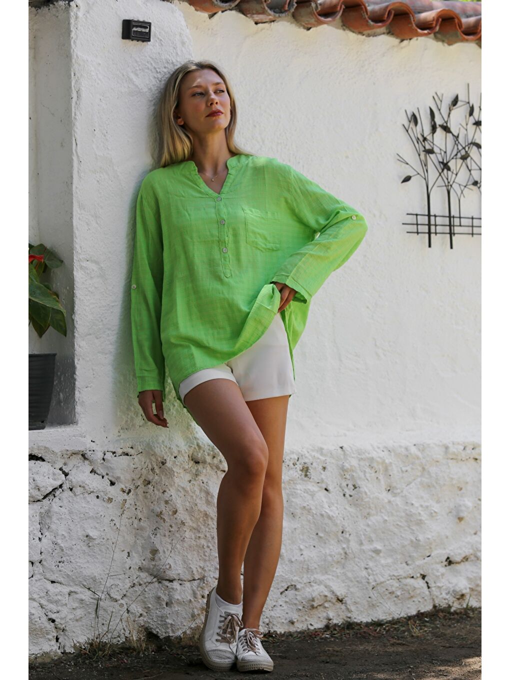 Fıstık Yeşili Hakim Yaka Düğmeli Uzun Kollu Cepli Pamuklu Dokuma Casual Bluz-6