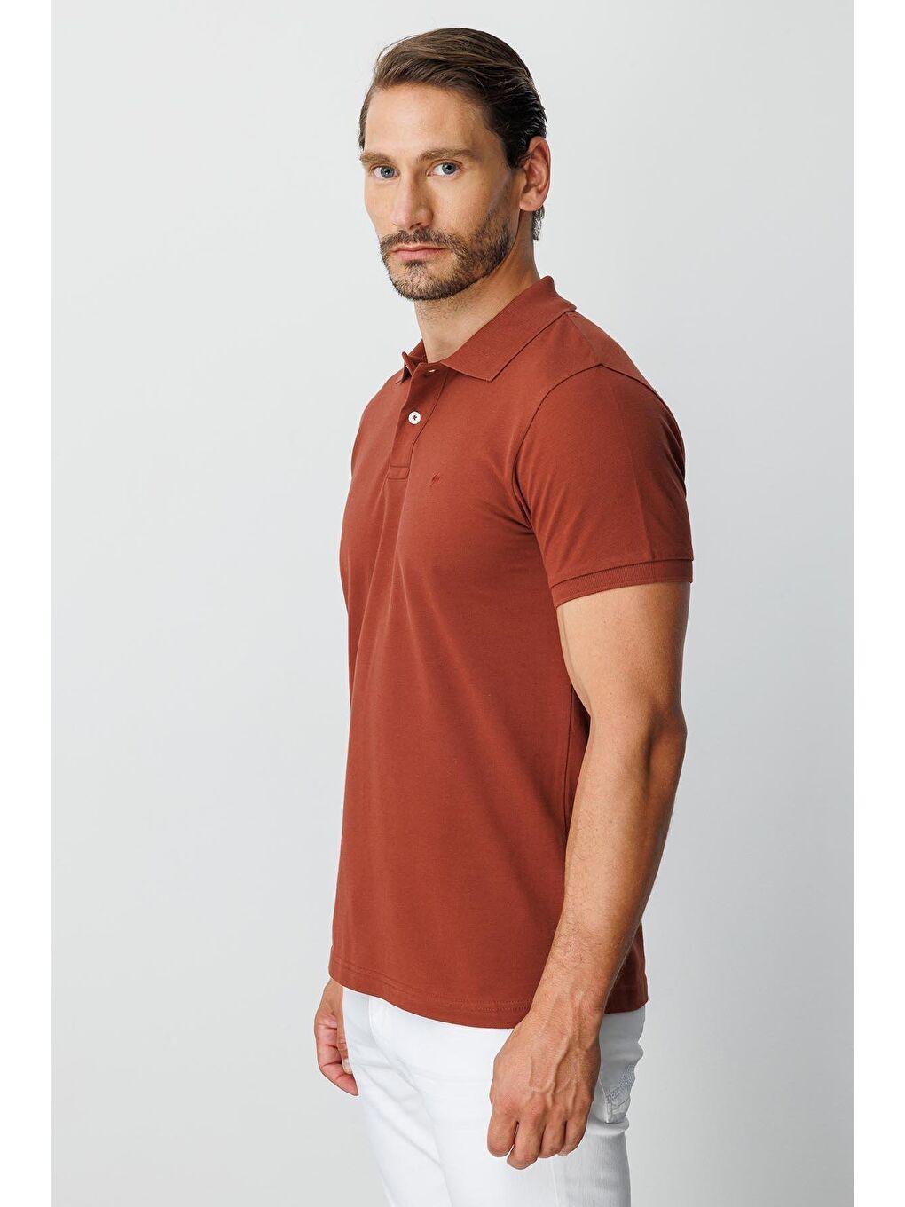 Kahverengi Kiremit Modern Fit Dar Kalıp Polo Yaka Düz Kısa Kollu %100 Pamuk Tişört-2