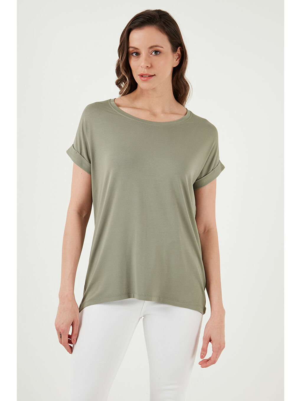 Haki Dökümlü Bisiklet Yaka Basic T Shirt 26Y0194K1-3